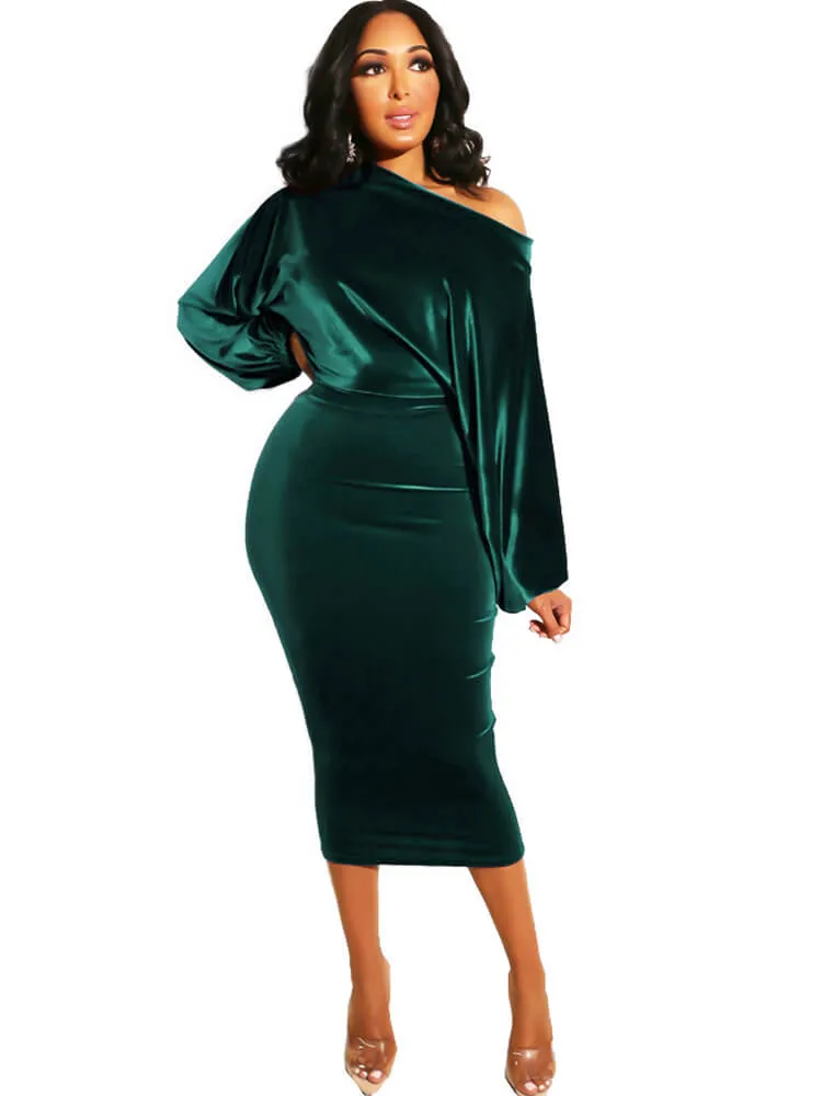Long Sleeve Off Shoulder Velvet Midi Dresses