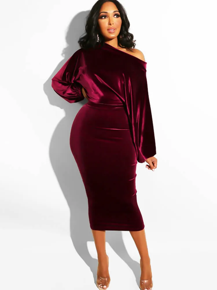 Long Sleeve Off Shoulder Velvet Midi Dresses