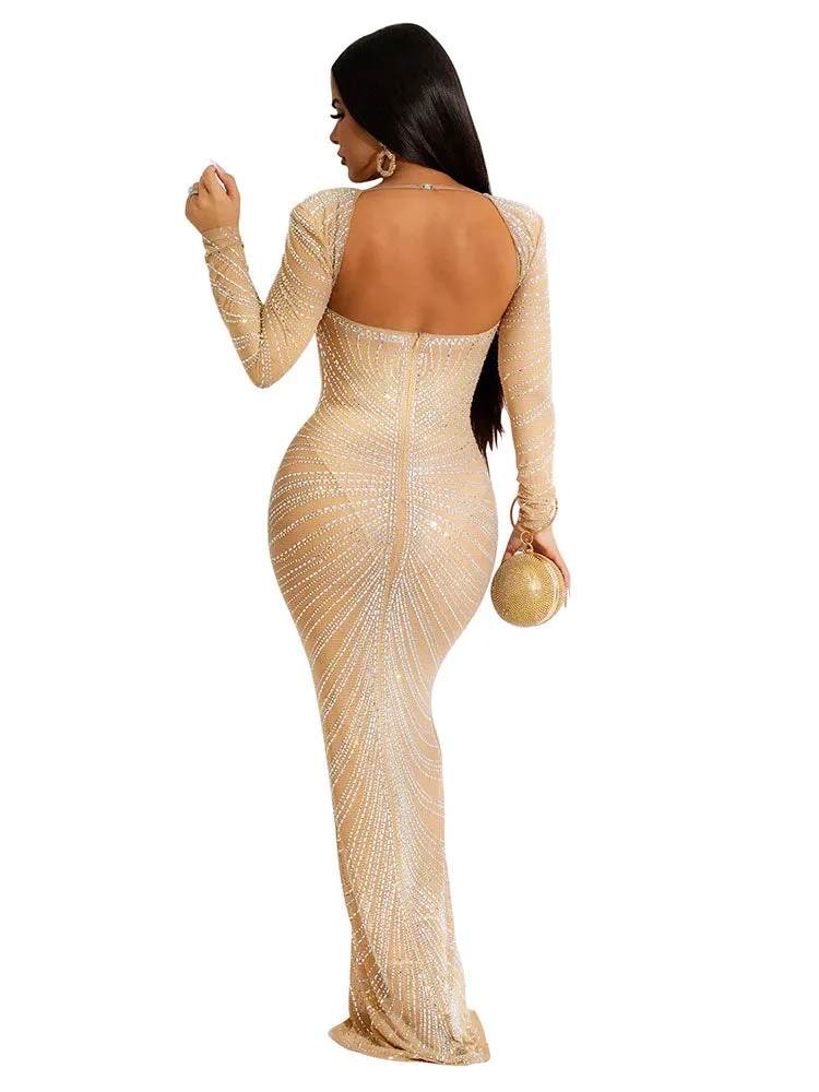 Long Sleeve Sequin Glitter Bodycon Mesh Maxi Dresses