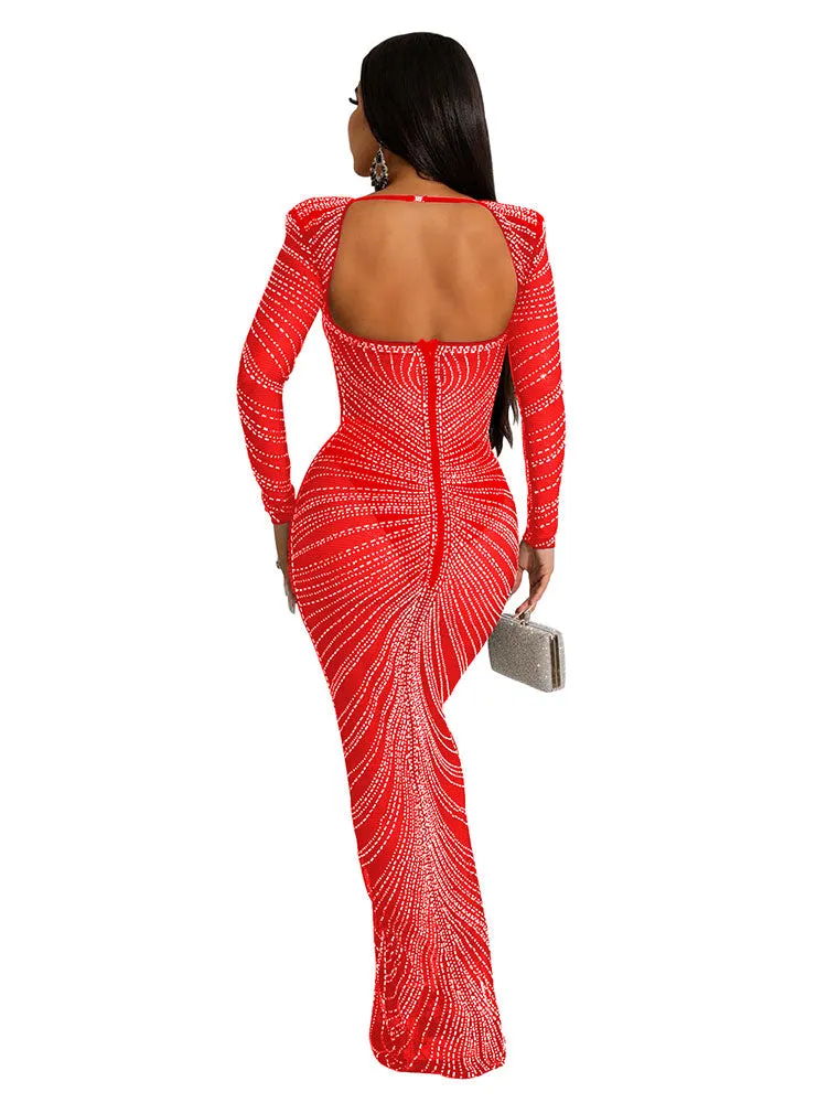 Long Sleeve Sequin Glitter Bodycon Mesh Maxi Dresses