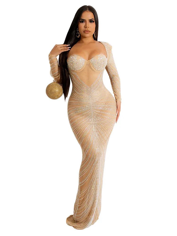 Long Sleeve Sequin Glitter Bodycon Mesh Maxi Dresses