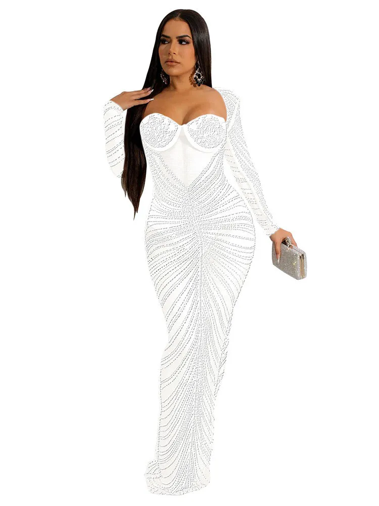 Long Sleeve Sequin Glitter Bodycon Mesh Maxi Dresses