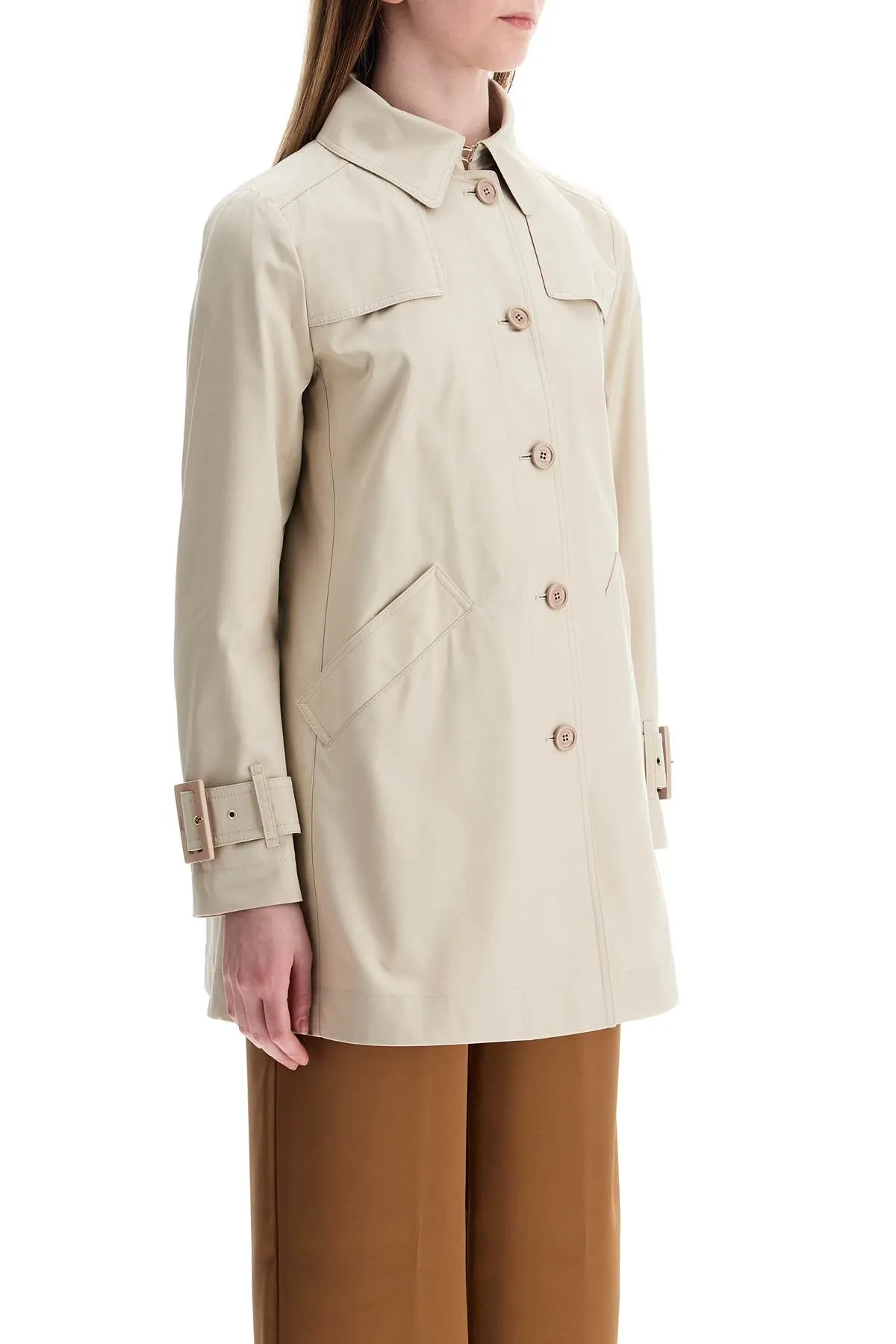 medium length waterproof beige cotton trench coat with buttons