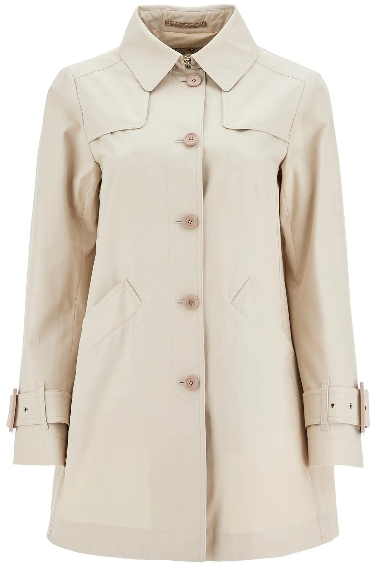 medium length waterproof beige cotton trench coat with buttons