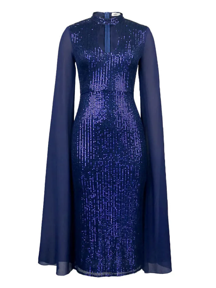 Mesh Long Slit Sleeve Sequin Patchwork Midi Dresses