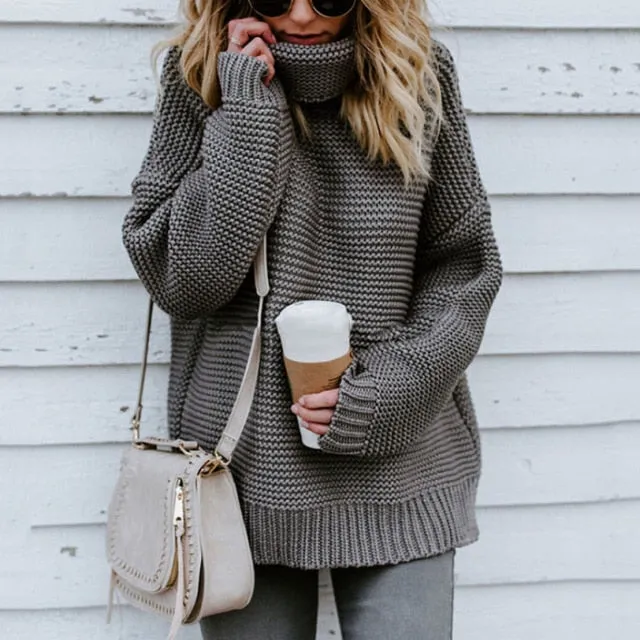 OLOEY 2021 Women Pullover Turtle Neck Winter Clothes Warm Knitted Oversized Sweaters Top