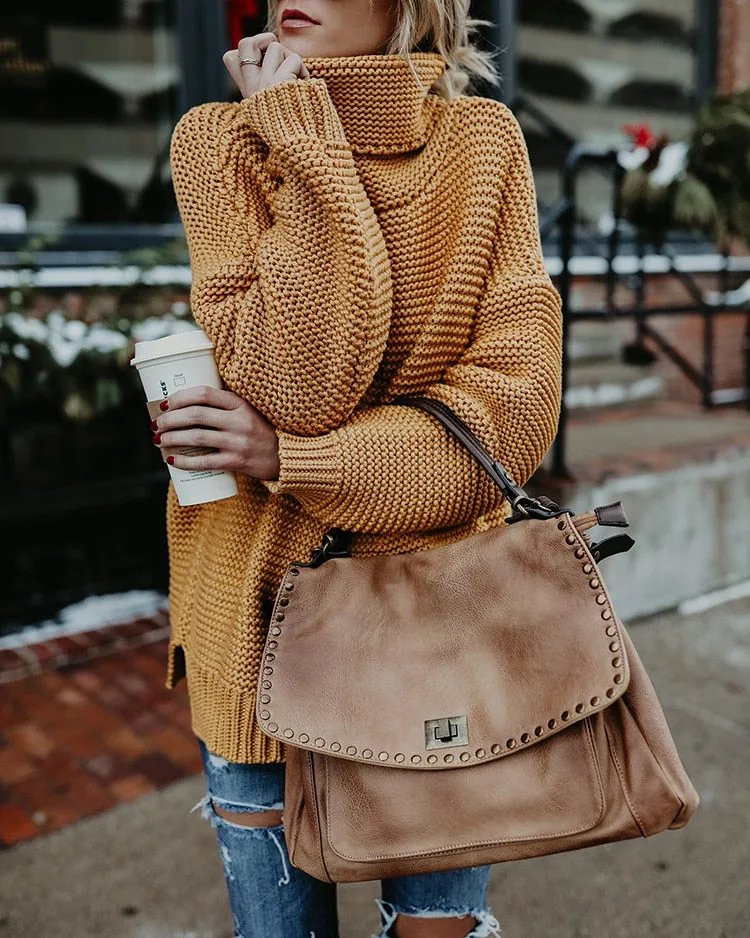 OLOEY 2021 Women Pullover Turtle Neck Winter Clothes Warm Knitted Oversized Sweaters Top