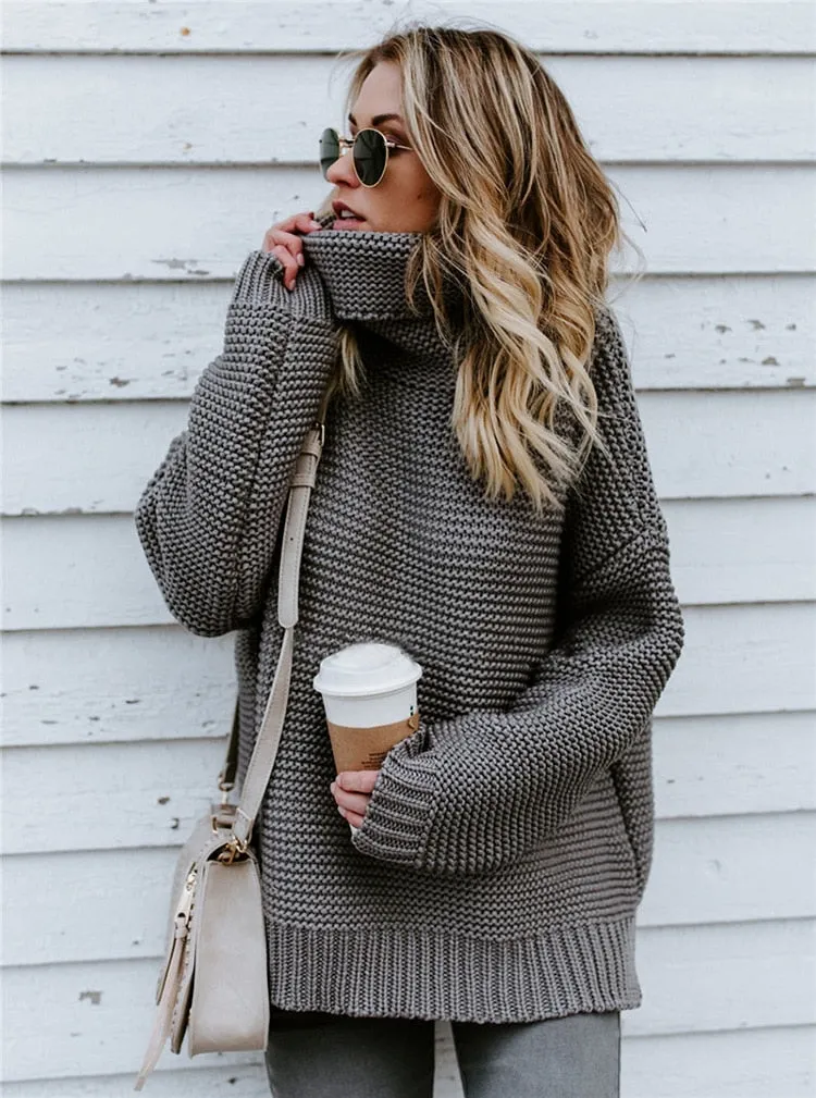 OLOEY 2021 Women Pullover Turtle Neck Winter Clothes Warm Knitted Oversized Sweaters Top
