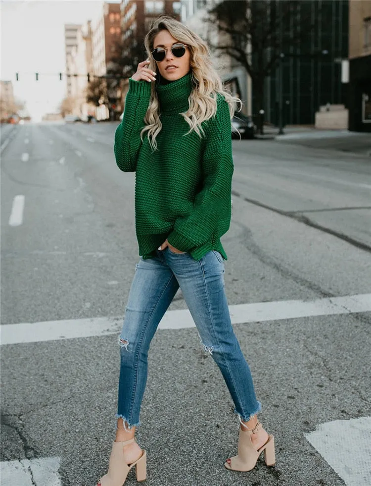 OLOEY 2021 Women Pullover Turtle Neck Winter Clothes Warm Knitted Oversized Sweaters Top