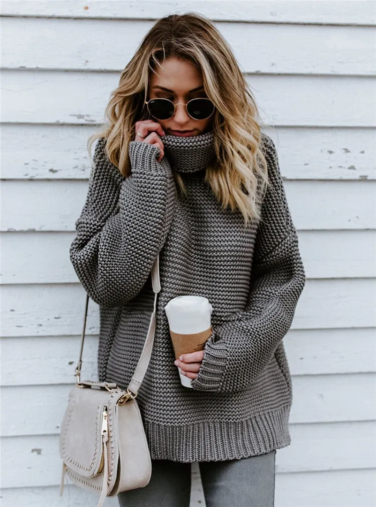 OLOEY 2021 Women Pullover Turtle Neck Winter Clothes Warm Knitted Oversized Sweaters Top