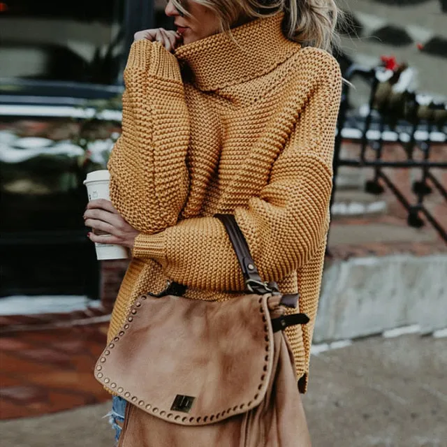 OLOEY 2021 Women Pullover Turtle Neck Winter Clothes Warm Knitted Oversized Sweaters Top