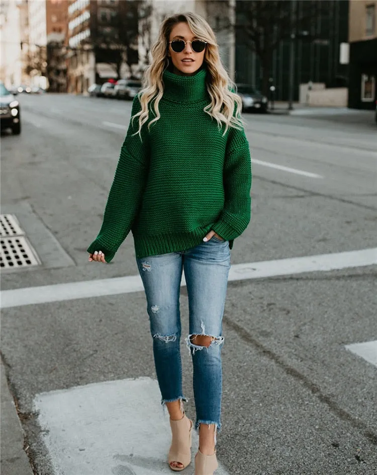OLOEY 2021 Women Pullover Turtle Neck Winter Clothes Warm Knitted Oversized Sweaters Top