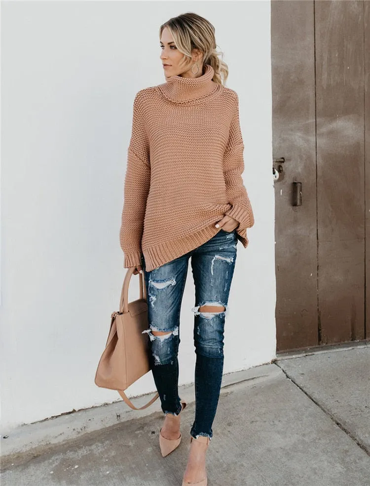 OLOEY 2021 Women Pullover Turtle Neck Winter Clothes Warm Knitted Oversized Sweaters Top