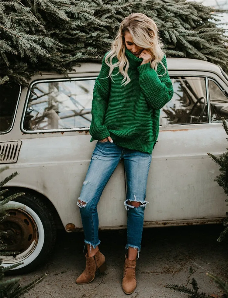 OLOEY 2021 Women Pullover Turtle Neck Winter Clothes Warm Knitted Oversized Sweaters Top