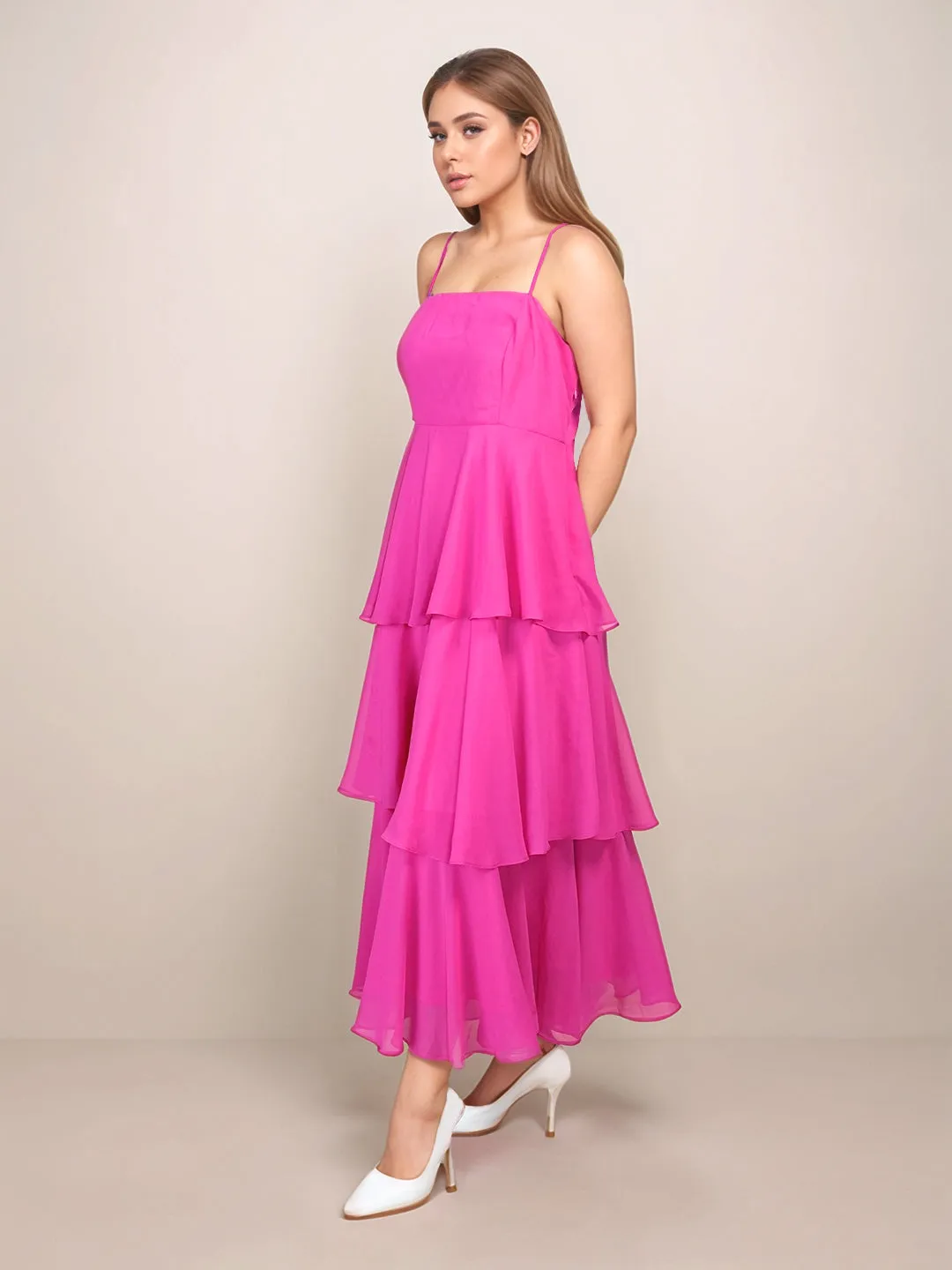 Pink Solid Relaxed Fit Midi Dress