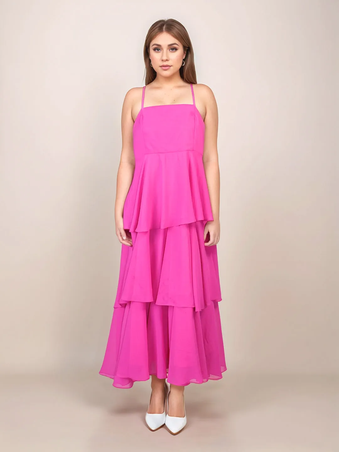 Pink Solid Relaxed Fit Midi Dress