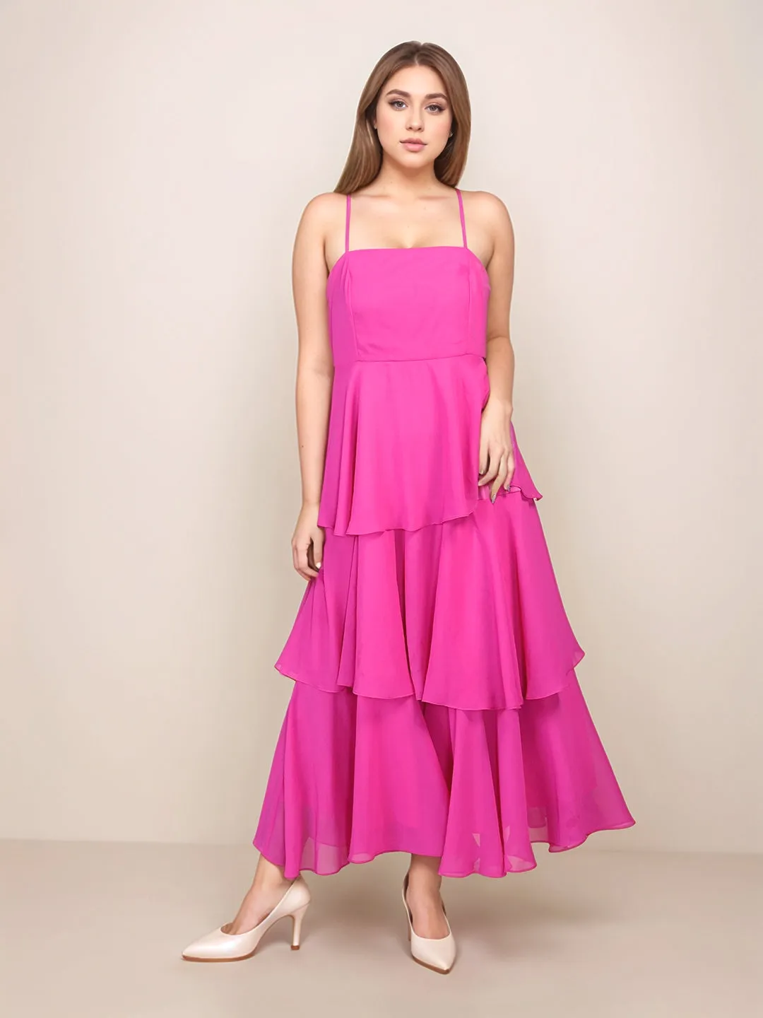 Pink Solid Relaxed Fit Midi Dress