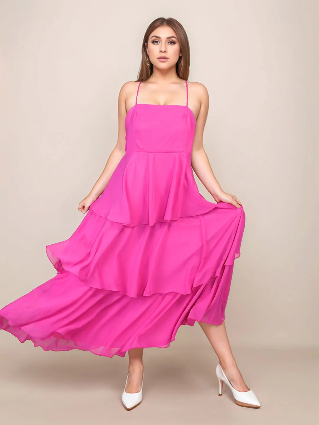 Pink Solid Relaxed Fit Midi Dress