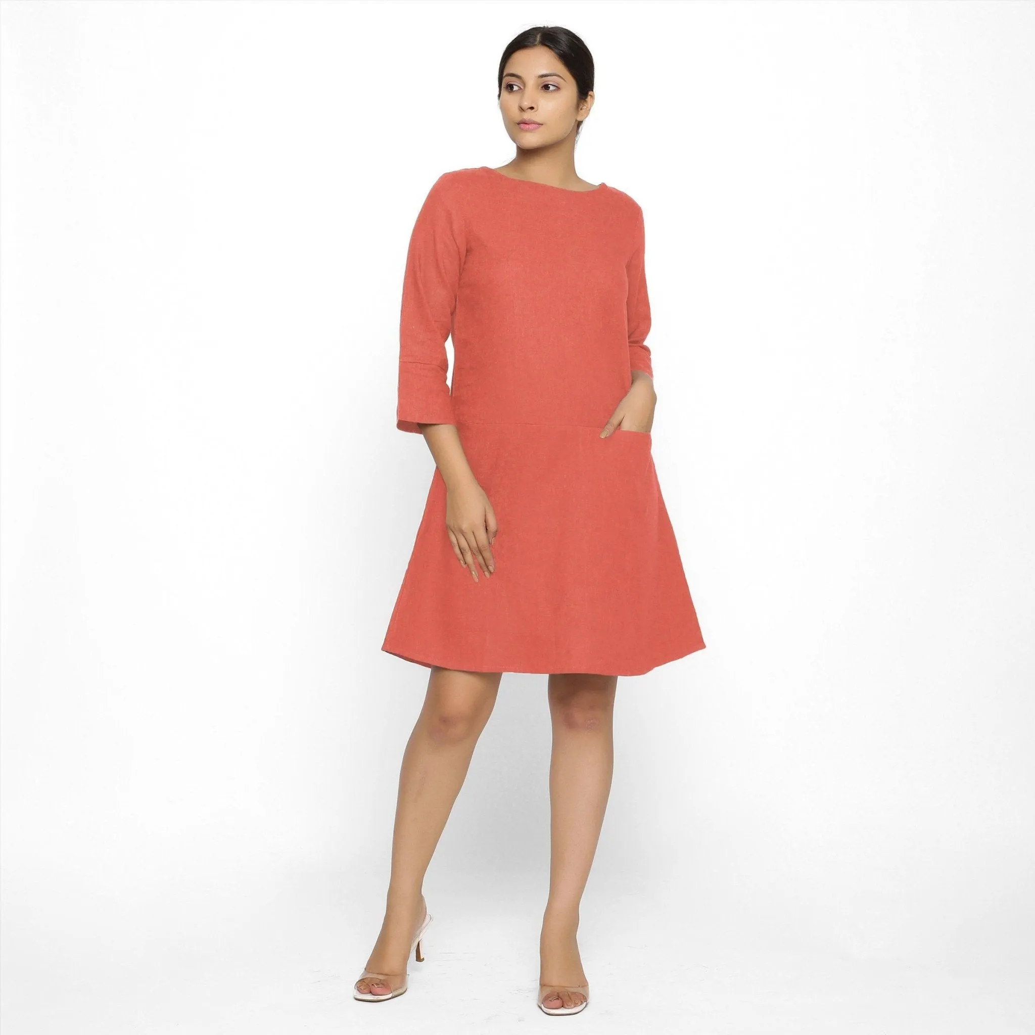 Red 100% Cotton Round Neck Short Tunic Dress