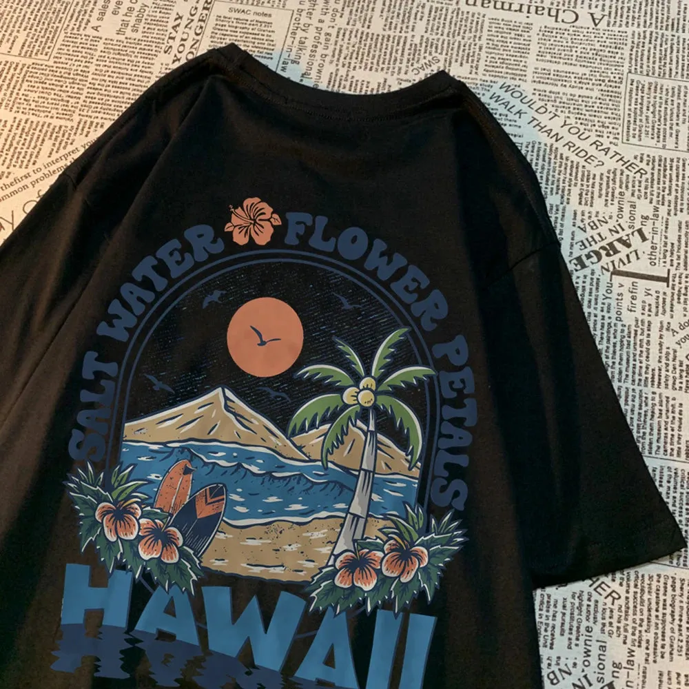 Salt Water Flower Petals Hawaii Print Tshirts for Women Casual Cotton Oversize Hip Hop Tops