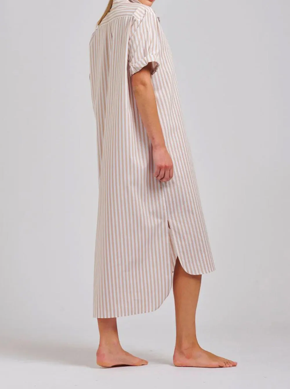 The Annie Relaxed Short Sleeve Shirtdress - Stone White Stripe