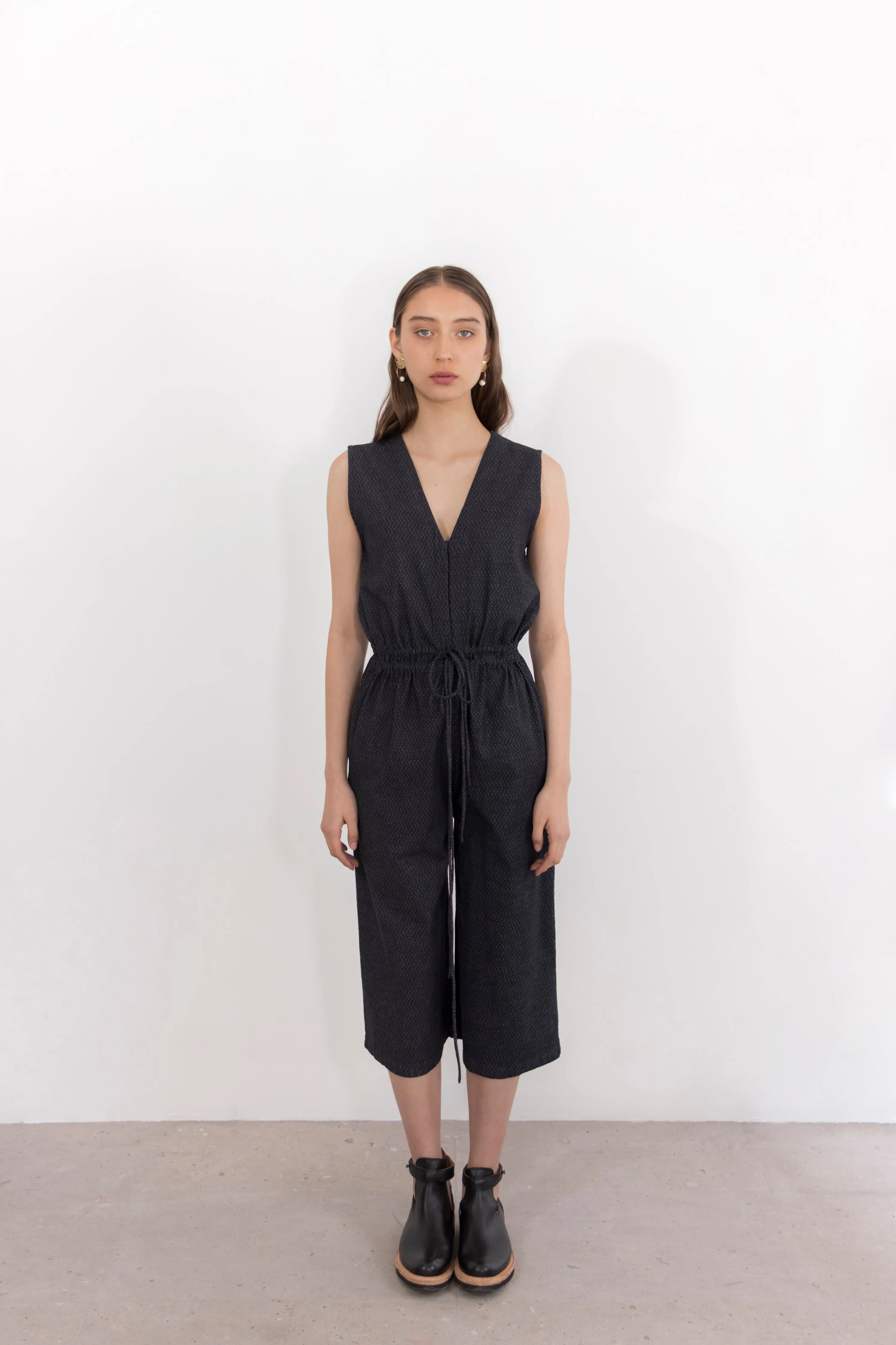 Titanium Stretch Denim V-Neck Drawstring Waist Jumpsuit