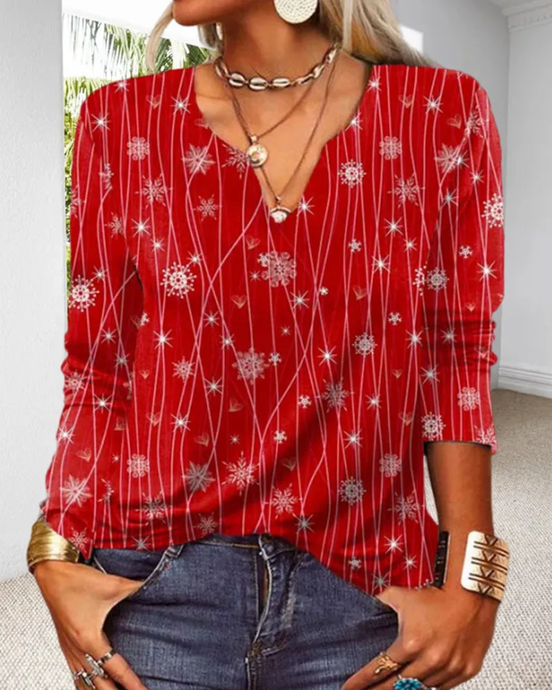 V-neck Elegant Snowflake Blouse