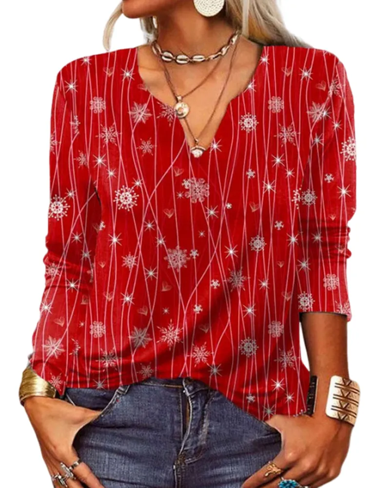 V-neck Elegant Snowflake Blouse