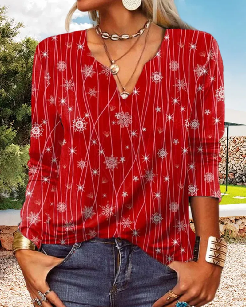 V-neck Elegant Snowflake Blouse
