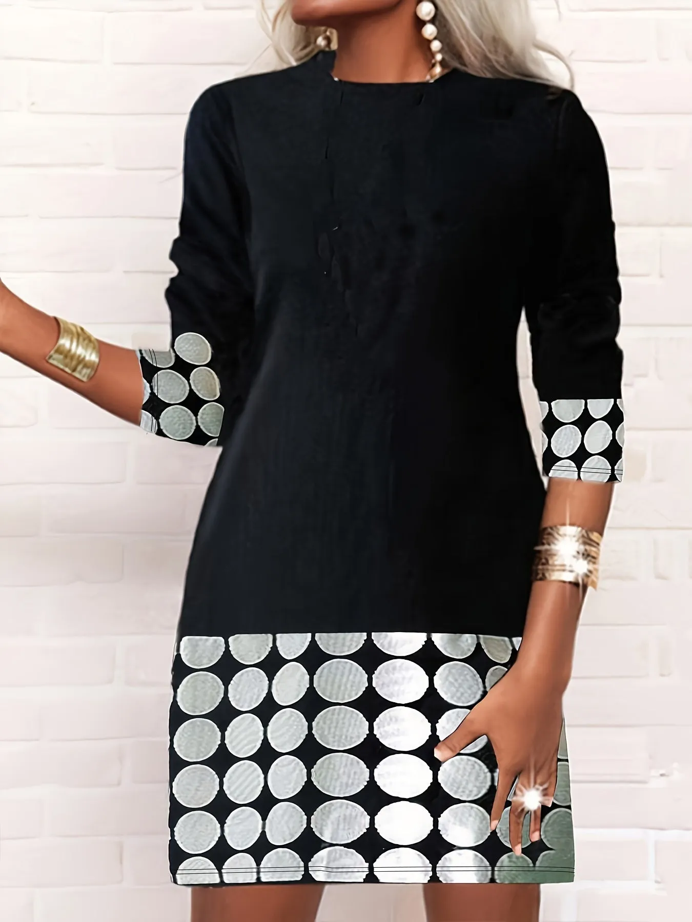 Vibrant Color Block Printed A-Line Dress - Women's Casual Crew Neck Long Sleeve Dresses - Comfortable, Relaxed Fit, Easy Care Fabric, Perfect for Daily Wear