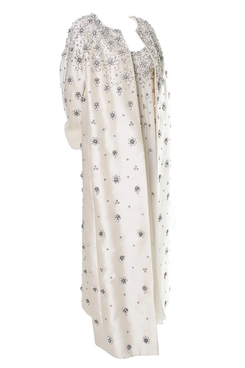 Victoria Royal Beaded Ivory Silk Chiffon Evening Gown Dress And Coat White Mink Cuffs