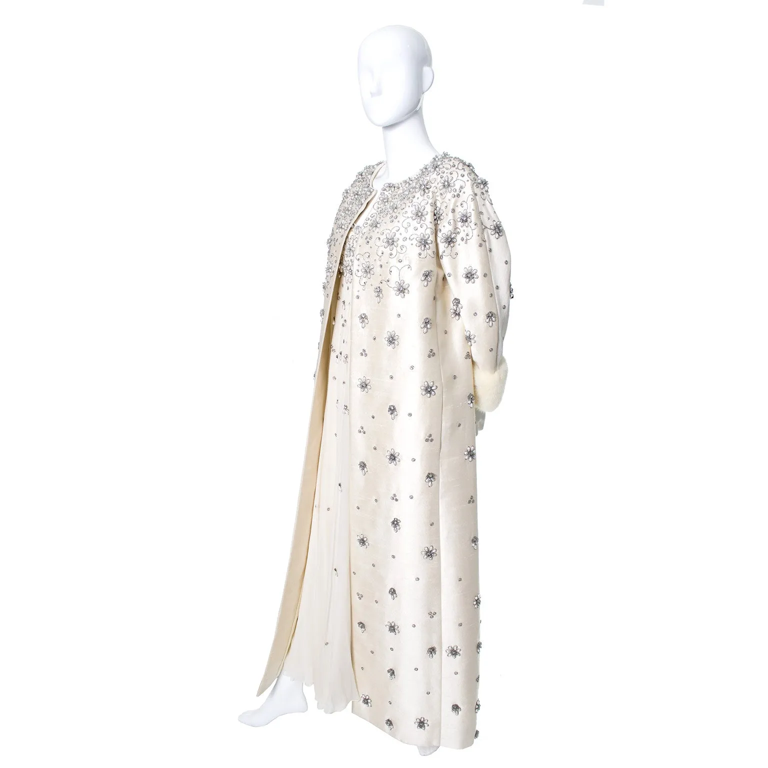 Victoria Royal Beaded Ivory Silk Chiffon Evening Gown Dress And Coat White Mink Cuffs