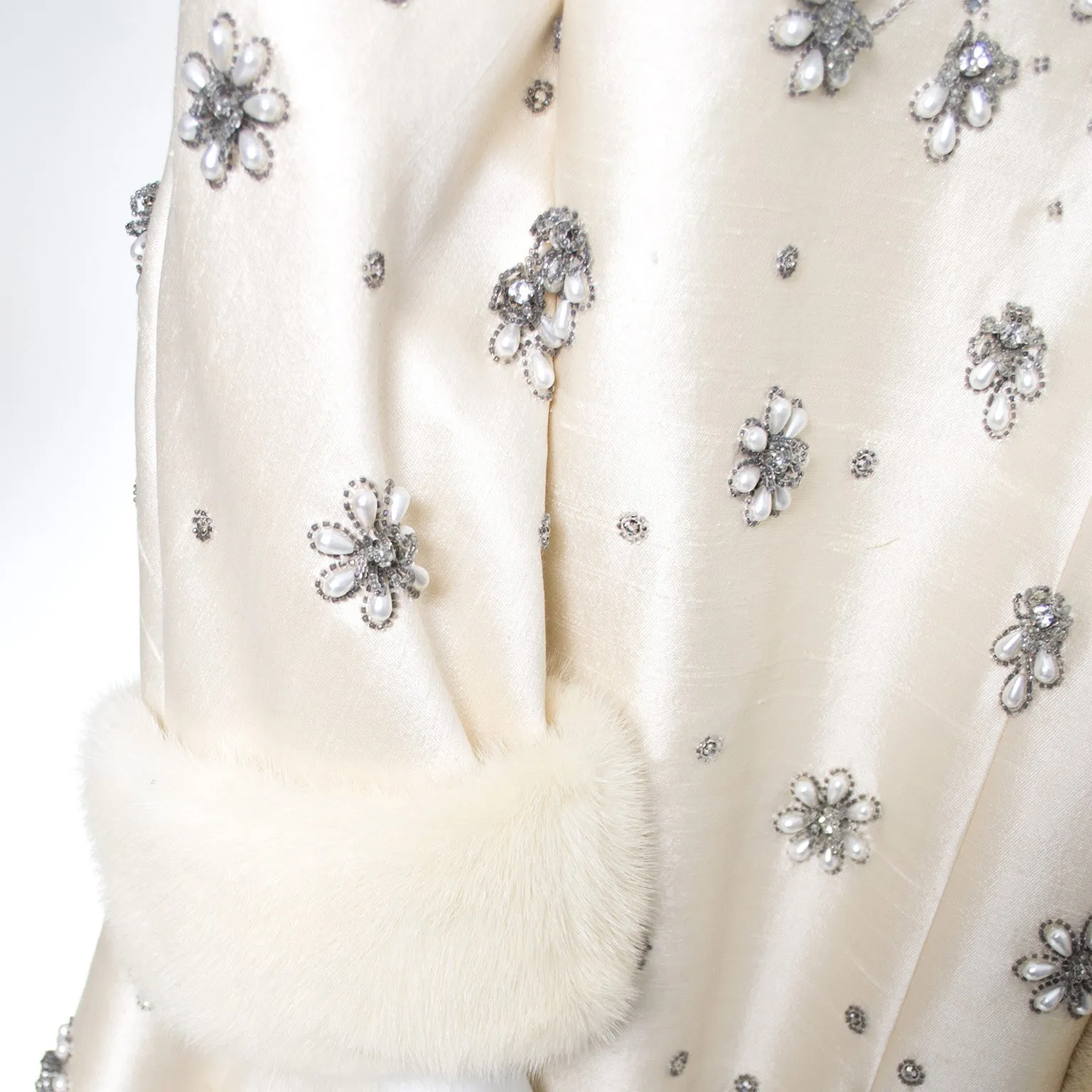 Victoria Royal Beaded Ivory Silk Chiffon Evening Gown Dress And Coat White Mink Cuffs
