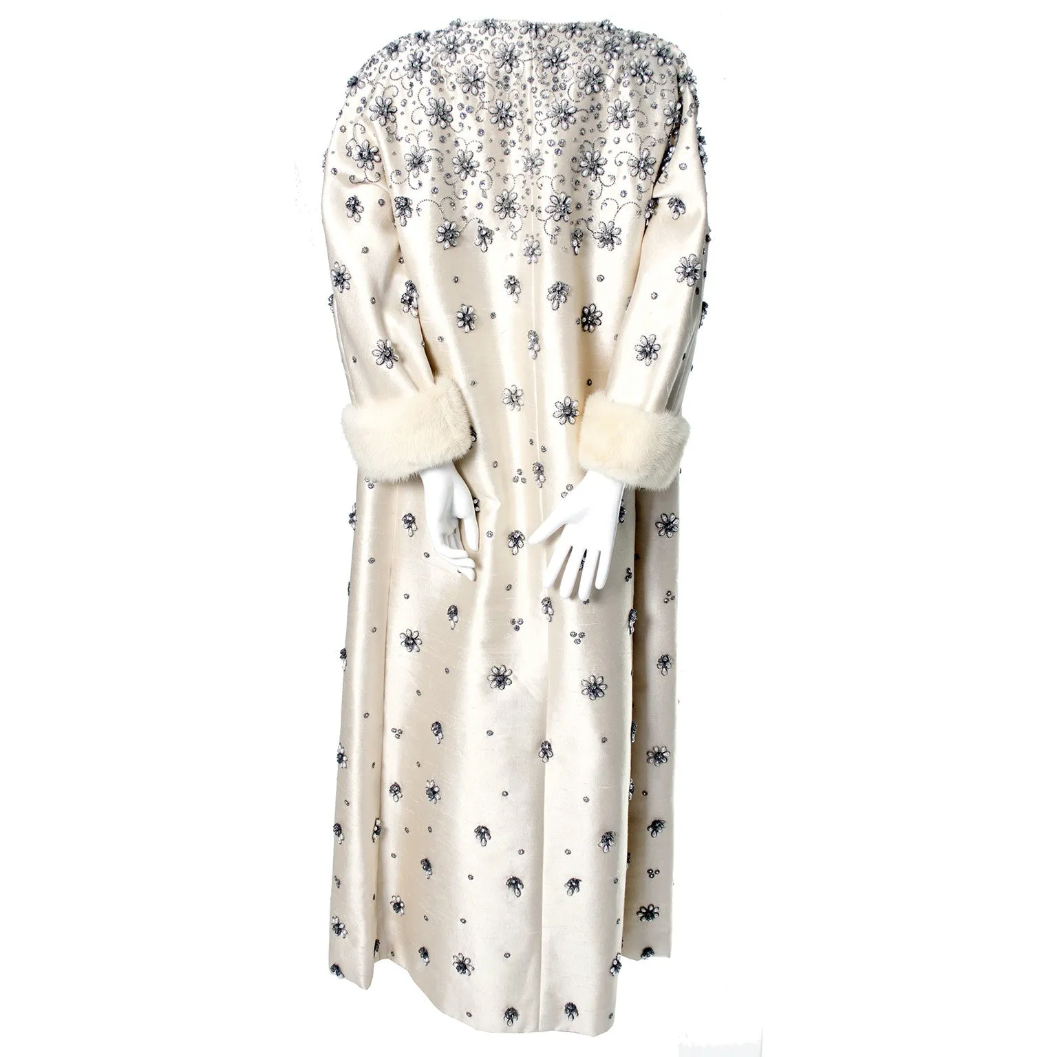 Victoria Royal Beaded Ivory Silk Chiffon Evening Gown Dress And Coat White Mink Cuffs