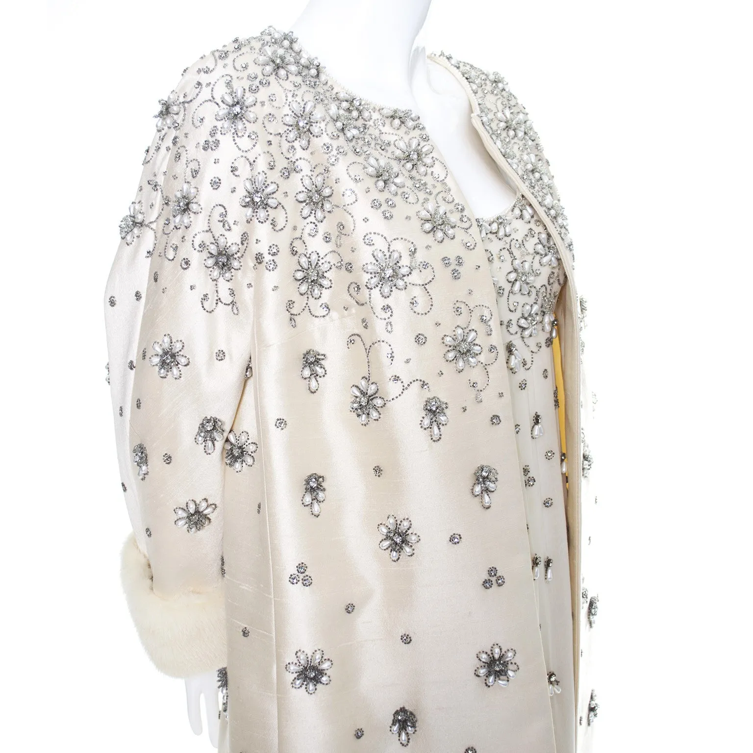 Victoria Royal Beaded Ivory Silk Chiffon Evening Gown Dress And Coat White Mink Cuffs