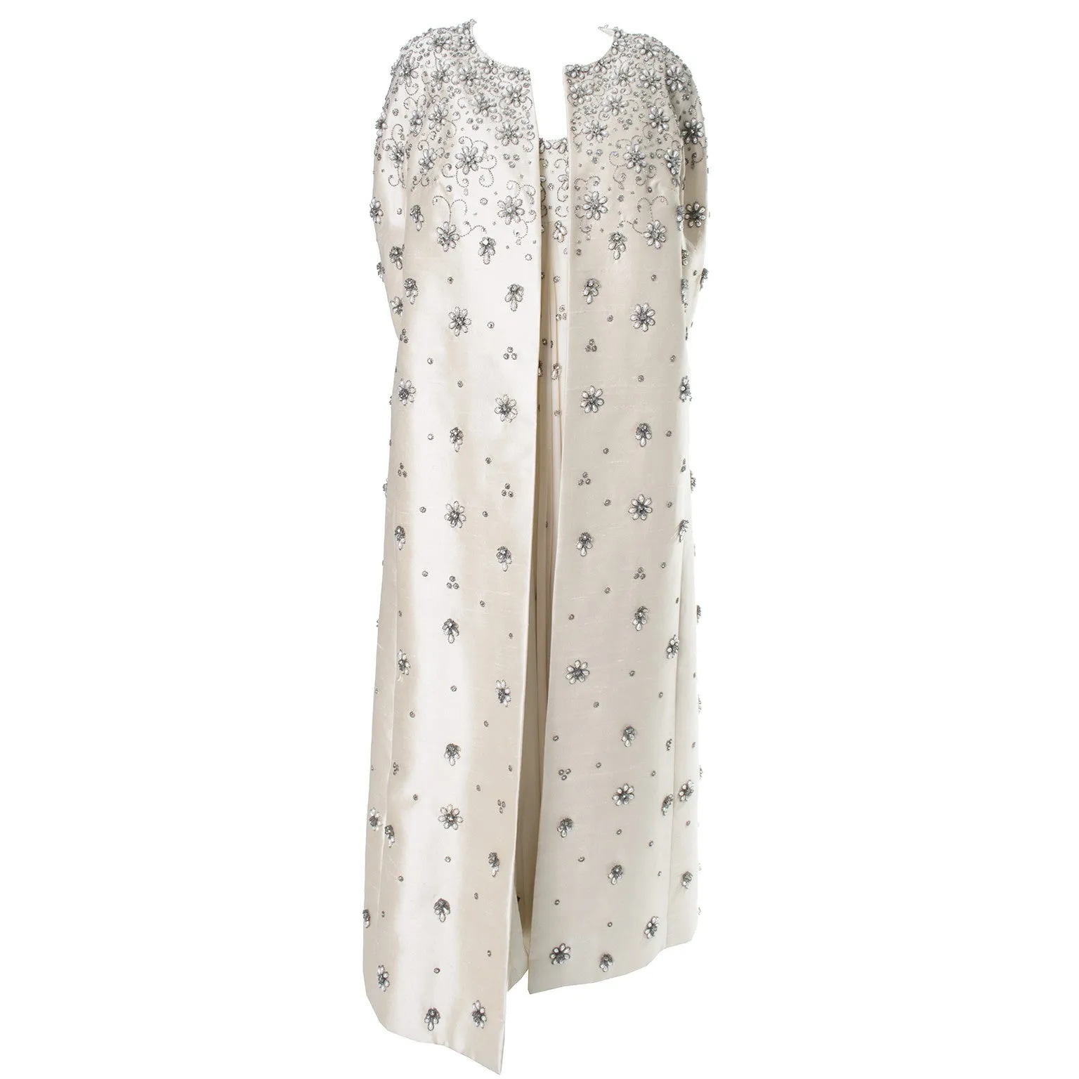 Victoria Royal Beaded Ivory Silk Chiffon Evening Gown Dress And Coat White Mink Cuffs