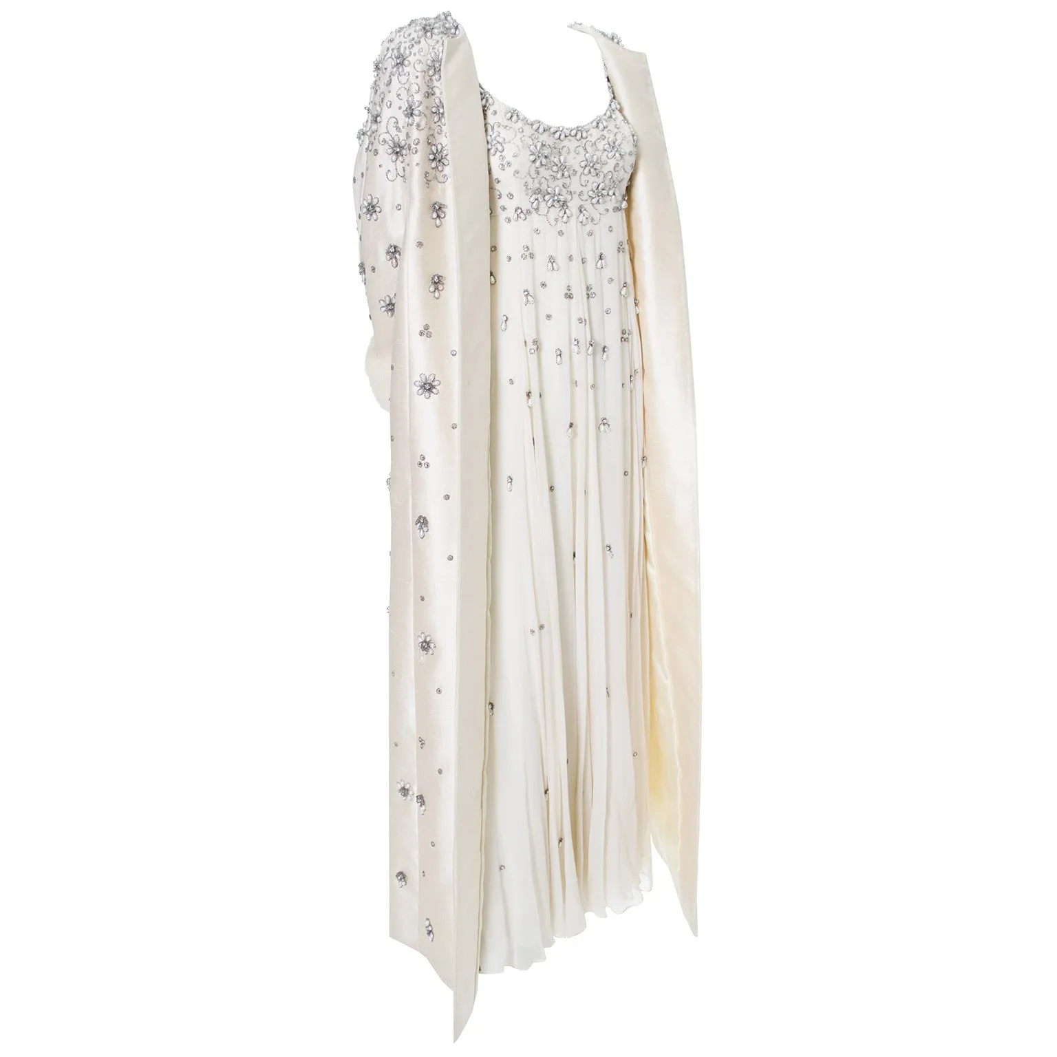 Victoria Royal Beaded Ivory Silk Chiffon Evening Gown Dress And Coat White Mink Cuffs