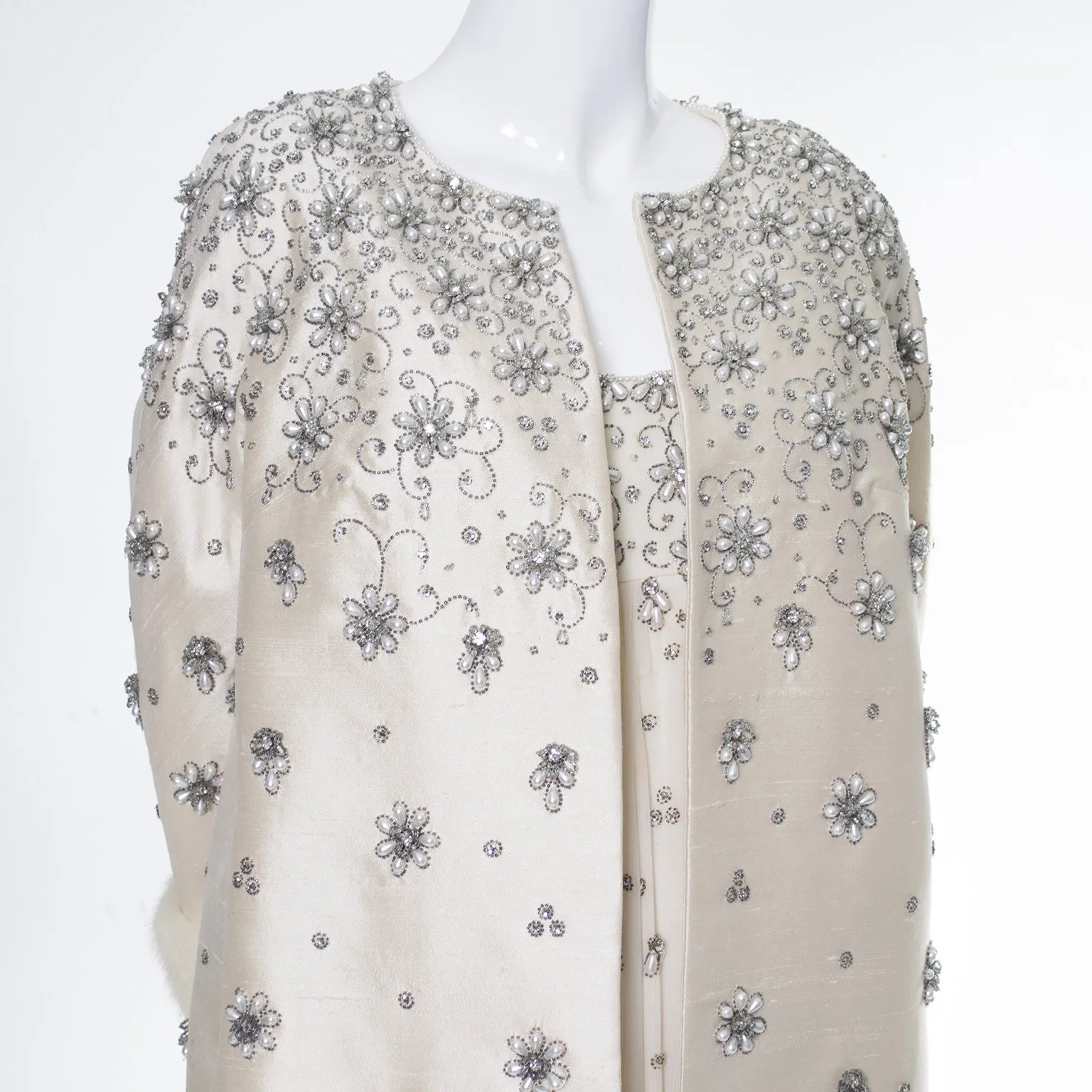 Victoria Royal Beaded Ivory Silk Chiffon Evening Gown Dress And Coat White Mink Cuffs