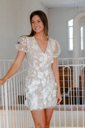 White/Nude Floral Applique Mesh Mini Dress