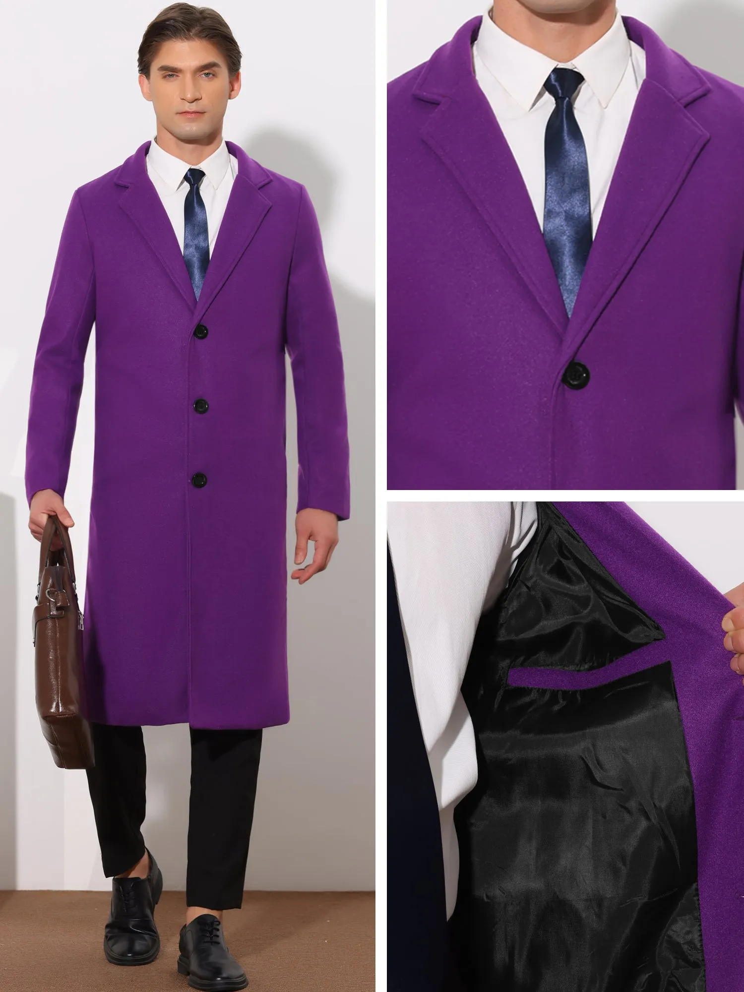 Winter Overcoat for Men's Single Breasted Notch Lapel Formal Trench Coats