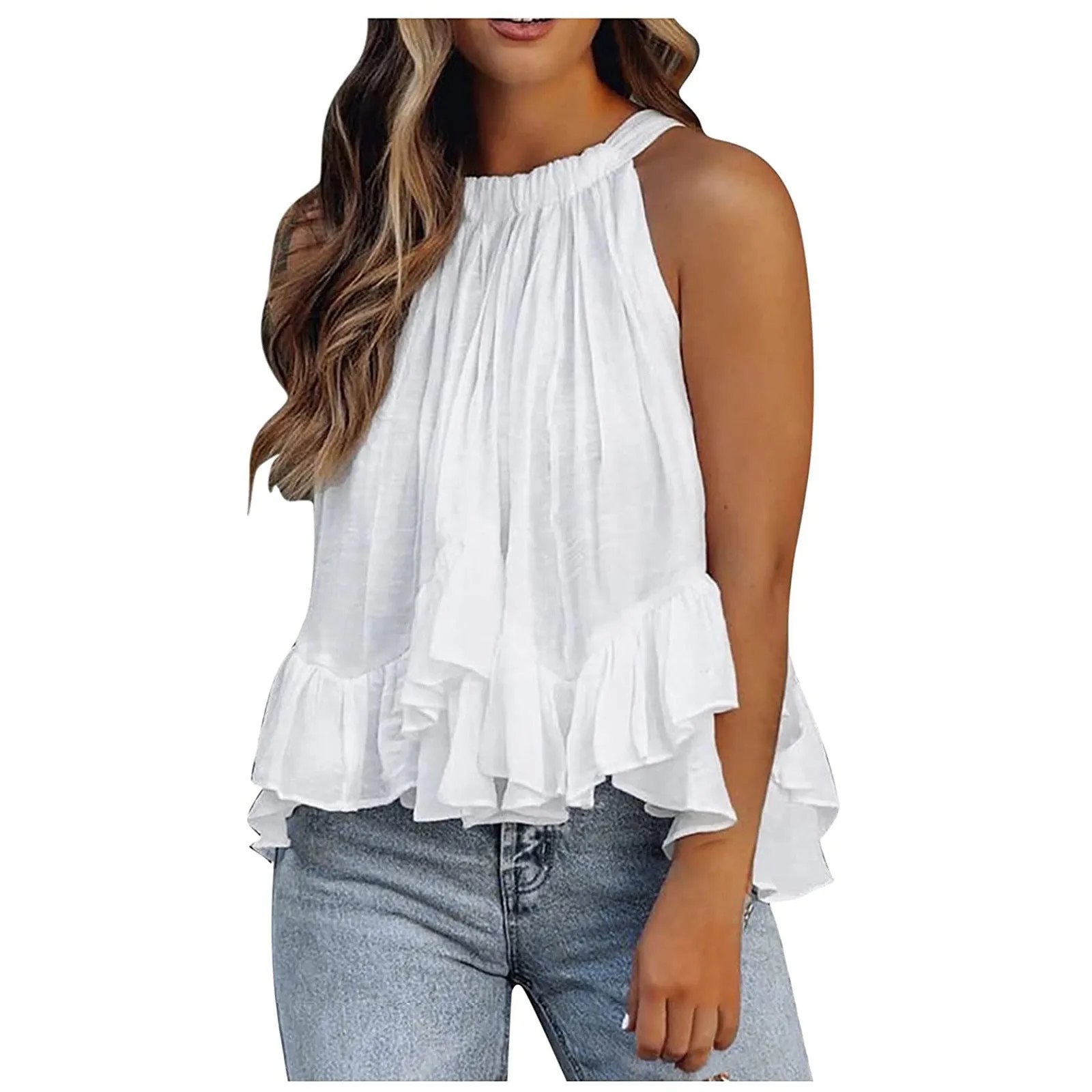 Women Elegant Floral Print Sleeveless Shirts Tank Top Ruffle Hem Blouses