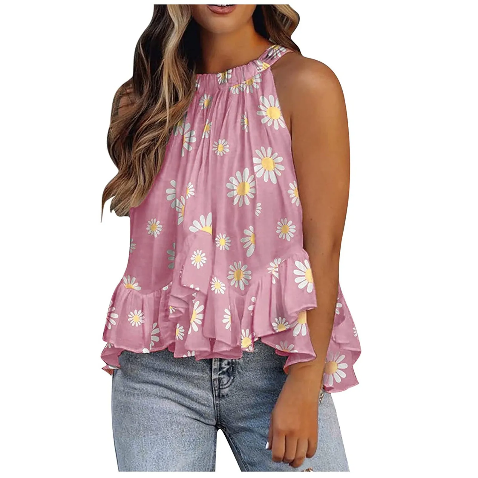 Women Elegant Floral Print Sleeveless Shirts Tank Top Ruffle Hem Blouses
