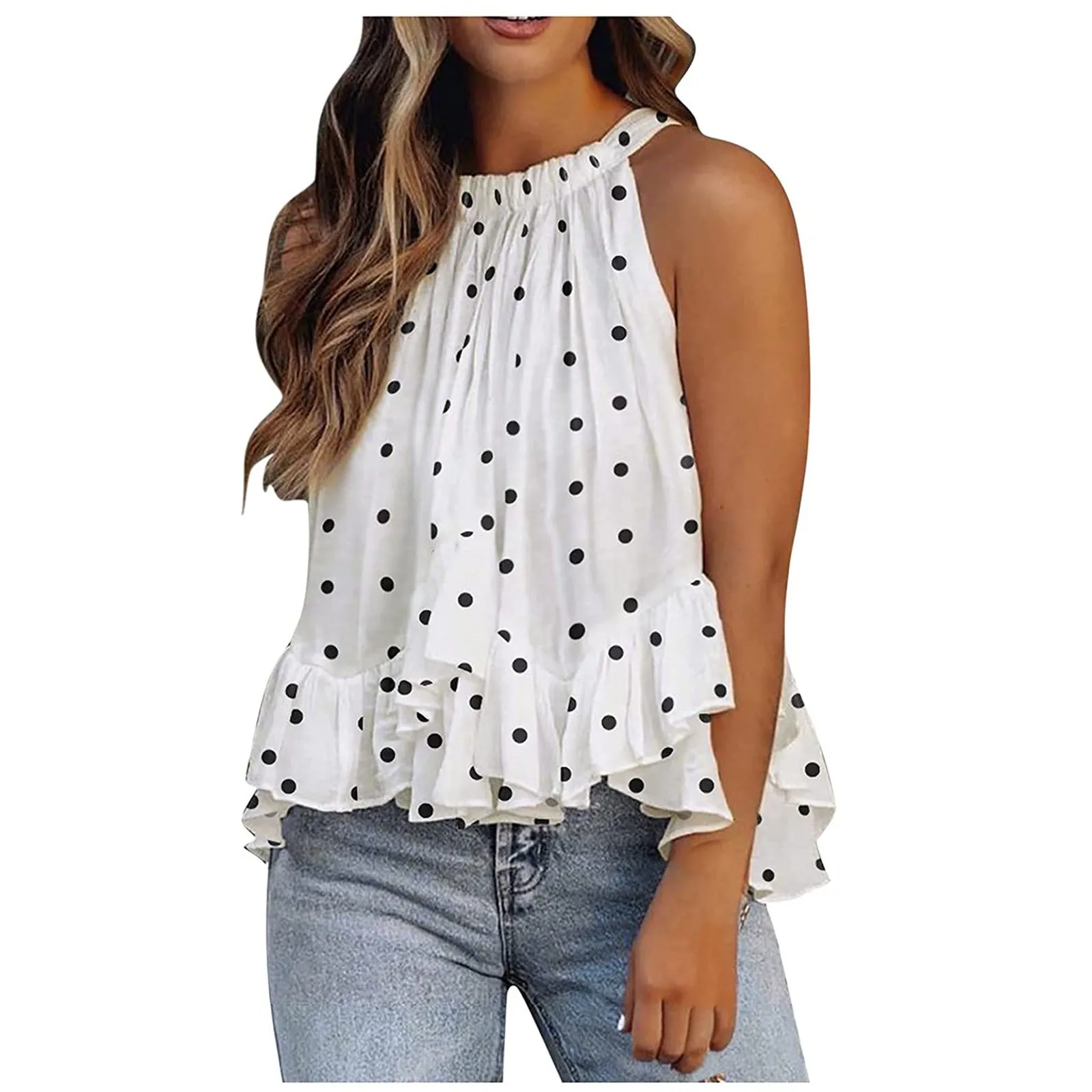 Women Elegant Floral Print Sleeveless Shirts Tank Top Ruffle Hem Blouses