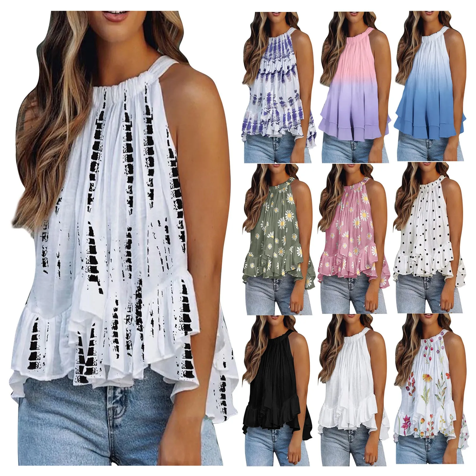 Women Elegant Floral Print Sleeveless Shirts Tank Top Ruffle Hem Blouses