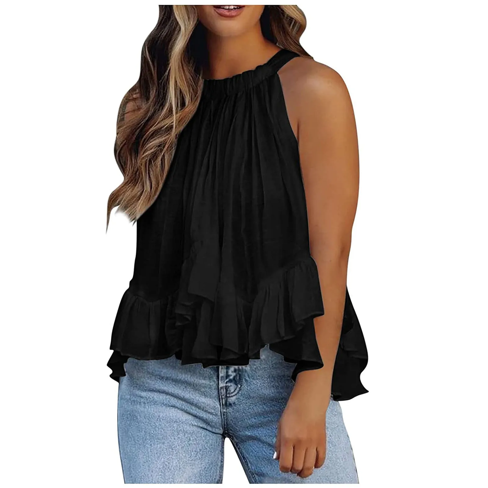 Women Elegant Floral Print Sleeveless Shirts Tank Top Ruffle Hem Blouses