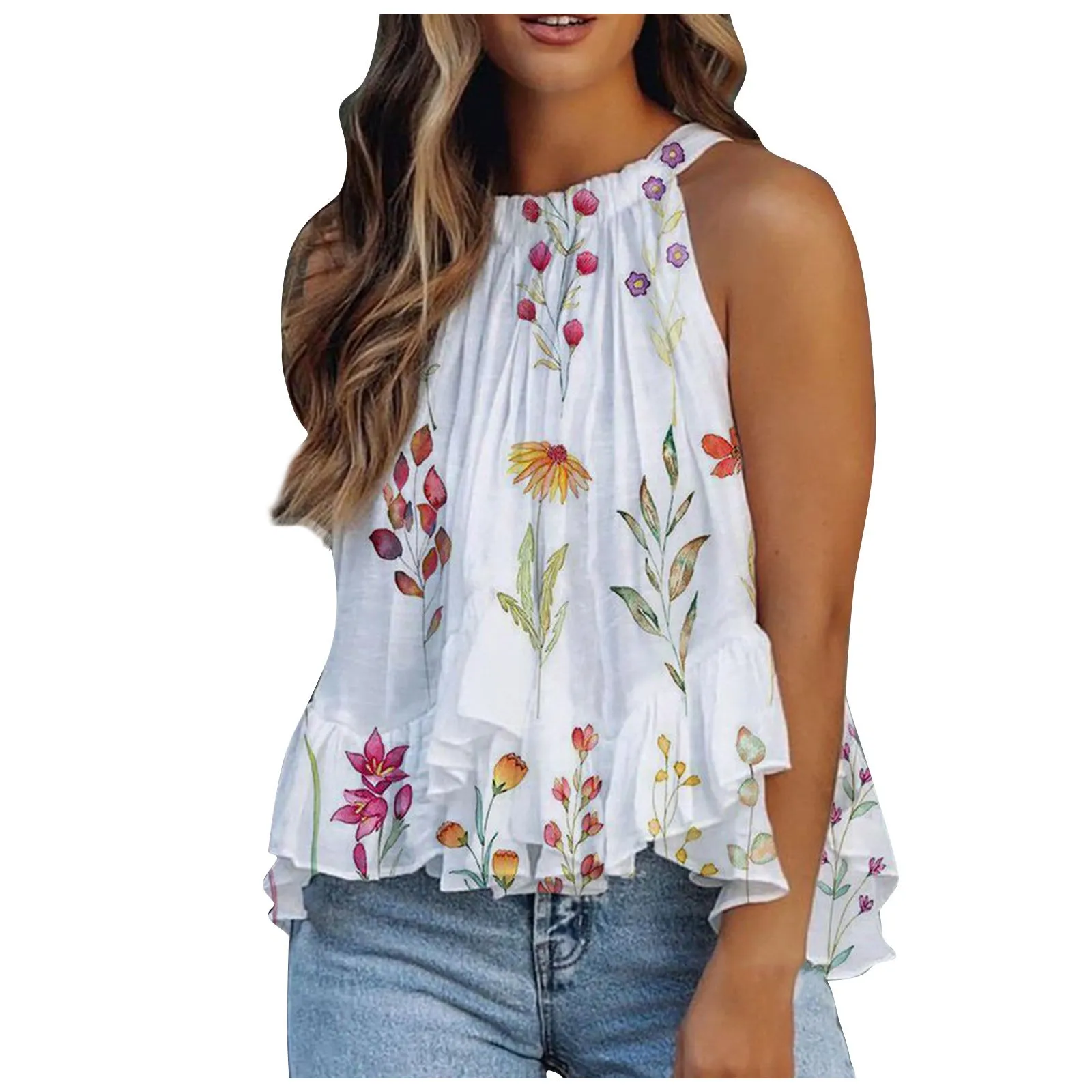 Women Elegant Floral Print Sleeveless Shirts Tank Top Ruffle Hem Blouses