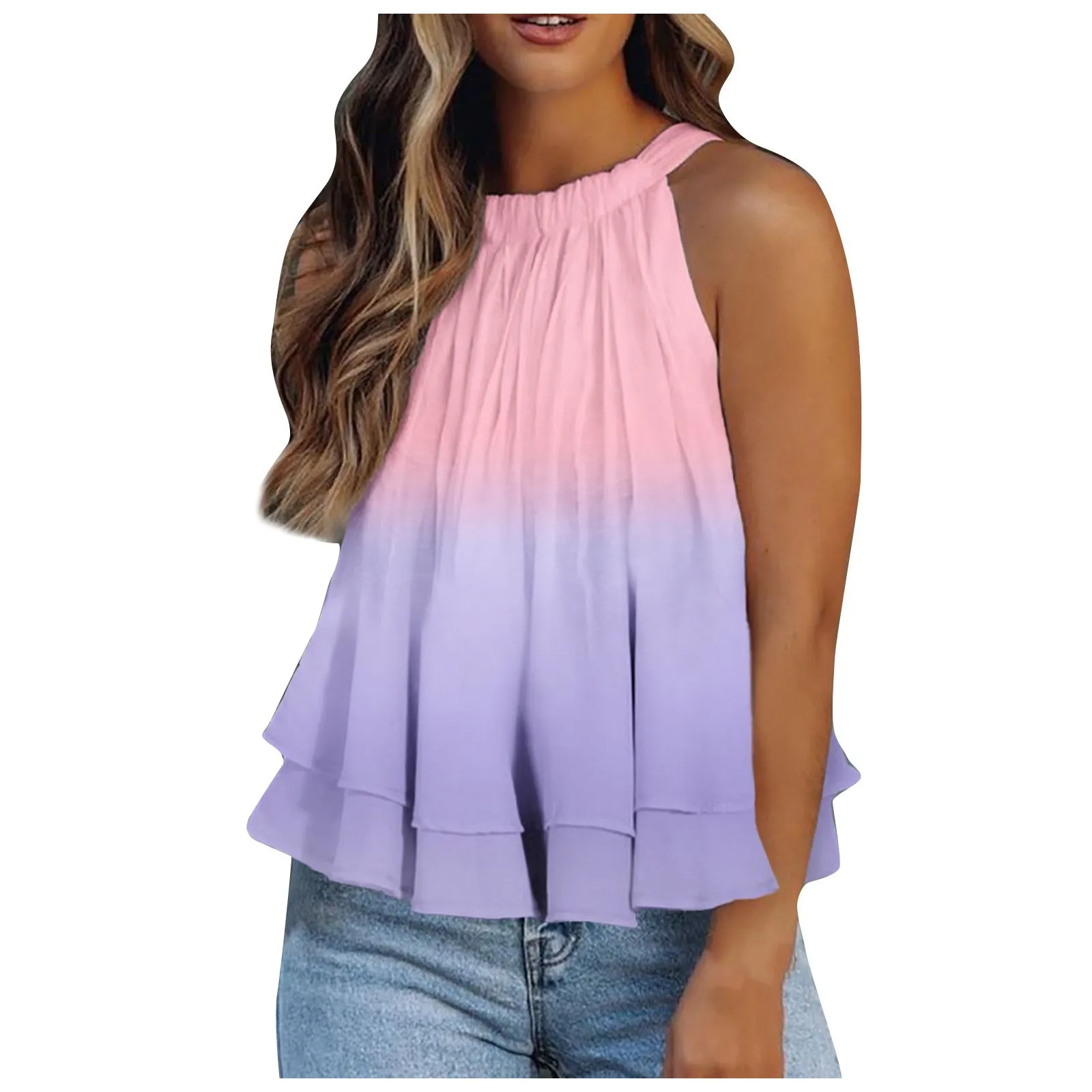 Women Elegant Floral Print Sleeveless Shirts Tank Top Ruffle Hem Blouses