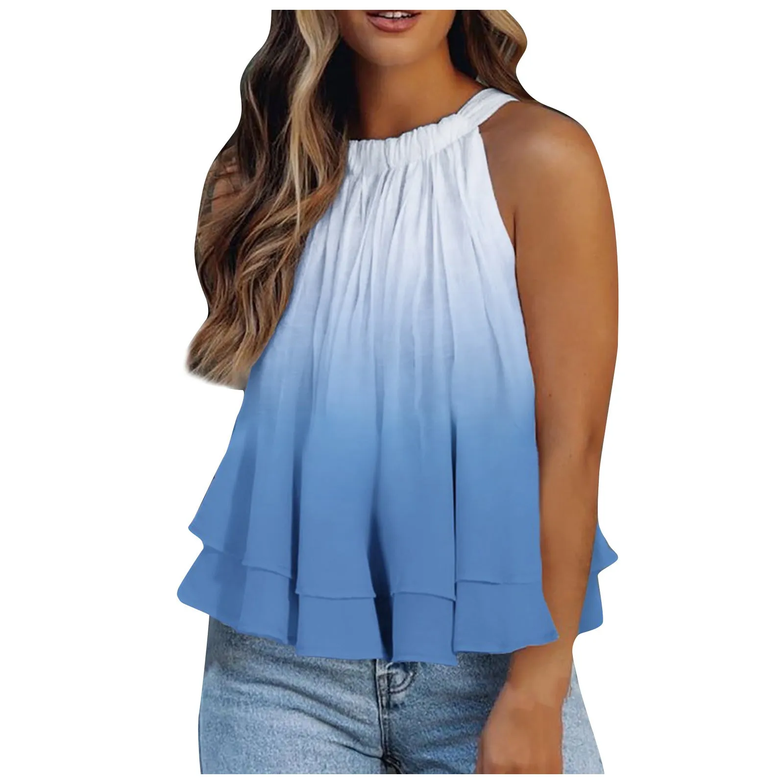 Women Elegant Floral Print Sleeveless Shirts Tank Top Ruffle Hem Blouses