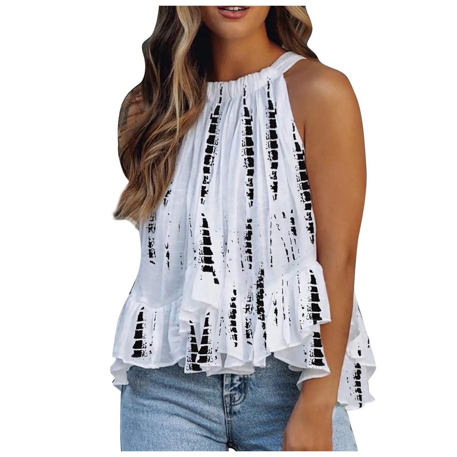 Women Elegant Floral Print Sleeveless Shirts Tank Top Ruffle Hem Blouses