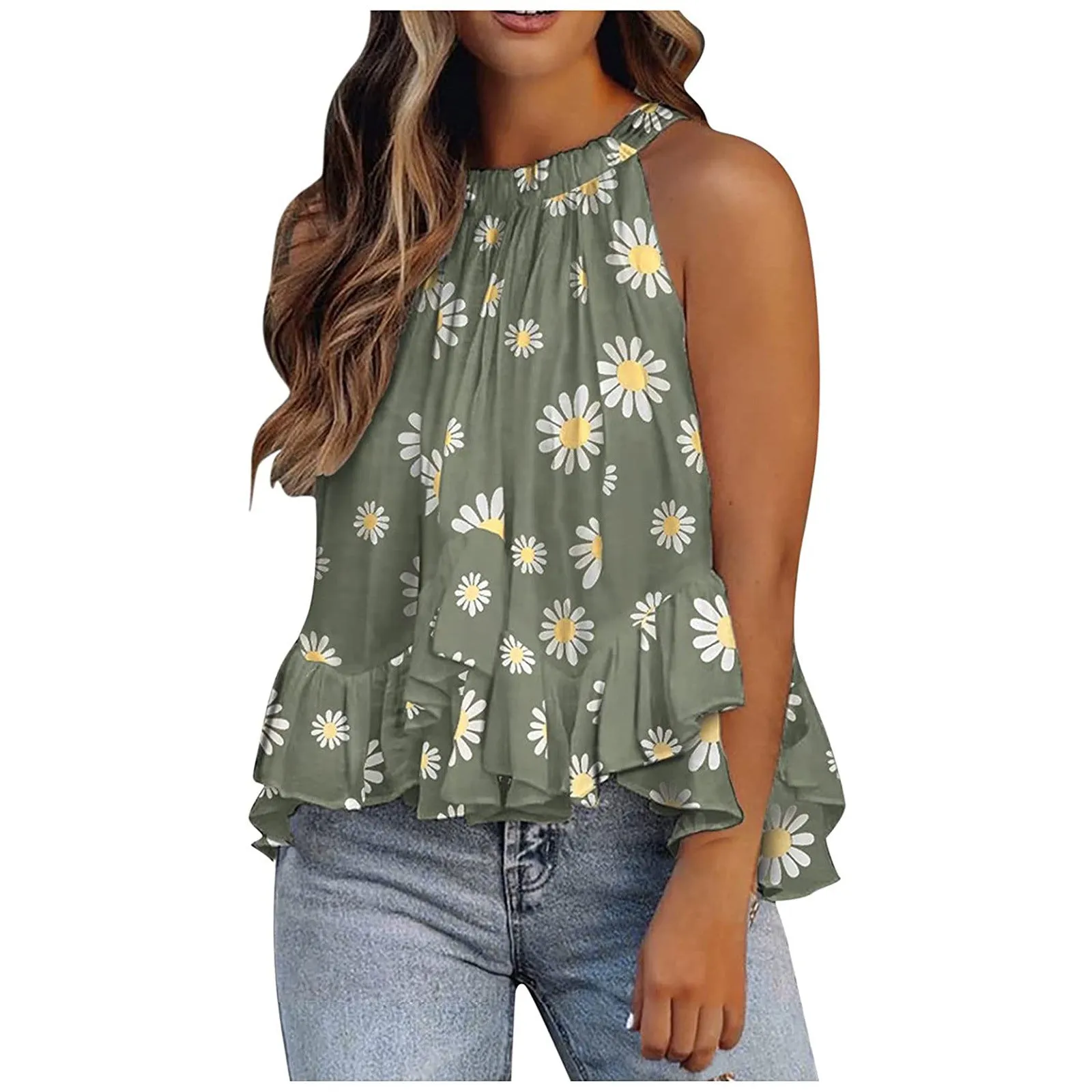 Women Elegant Floral Print Sleeveless Shirts Tank Top Ruffle Hem Blouses